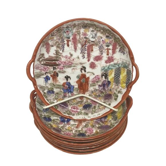 Vintage Chinoiserie Ceramic Handpainted Luncheon Hors D’Oeuvres Set of 8 Plates - Picture 10 of 12